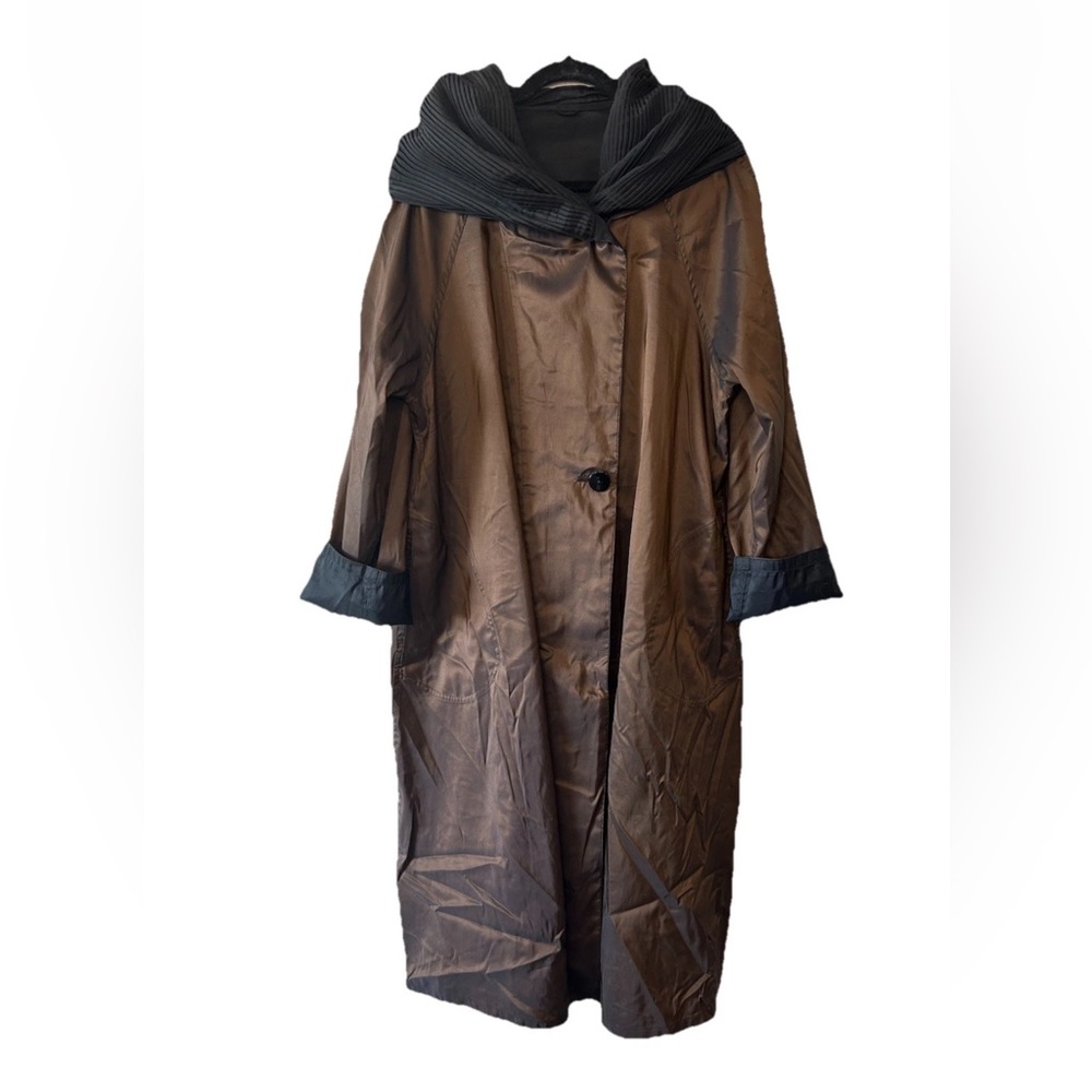 Mycra Pac Reversible Travel Coat Pleated Collar Black Brown Maxi Length L